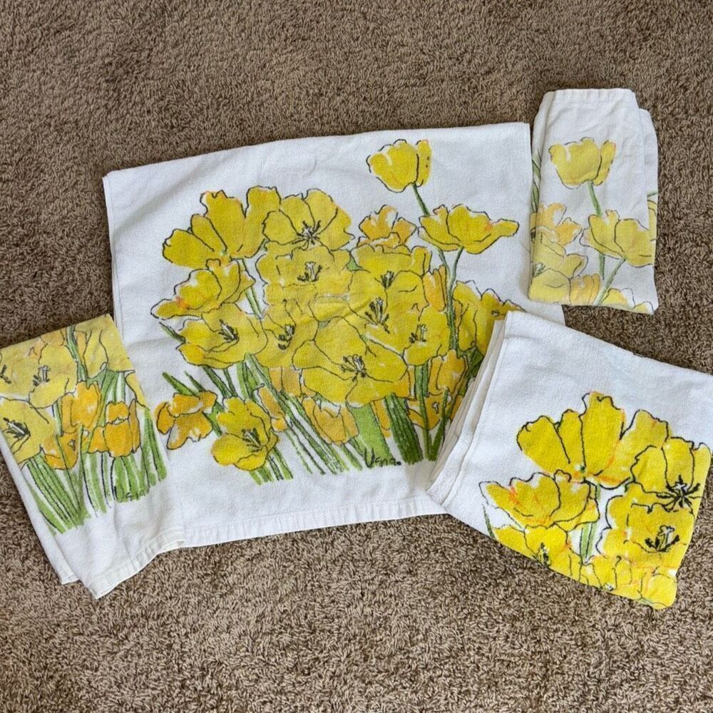 Set 4 Vera Neumann Burlington Yellow 1970s Bath& hand towels flower daffodil MCM